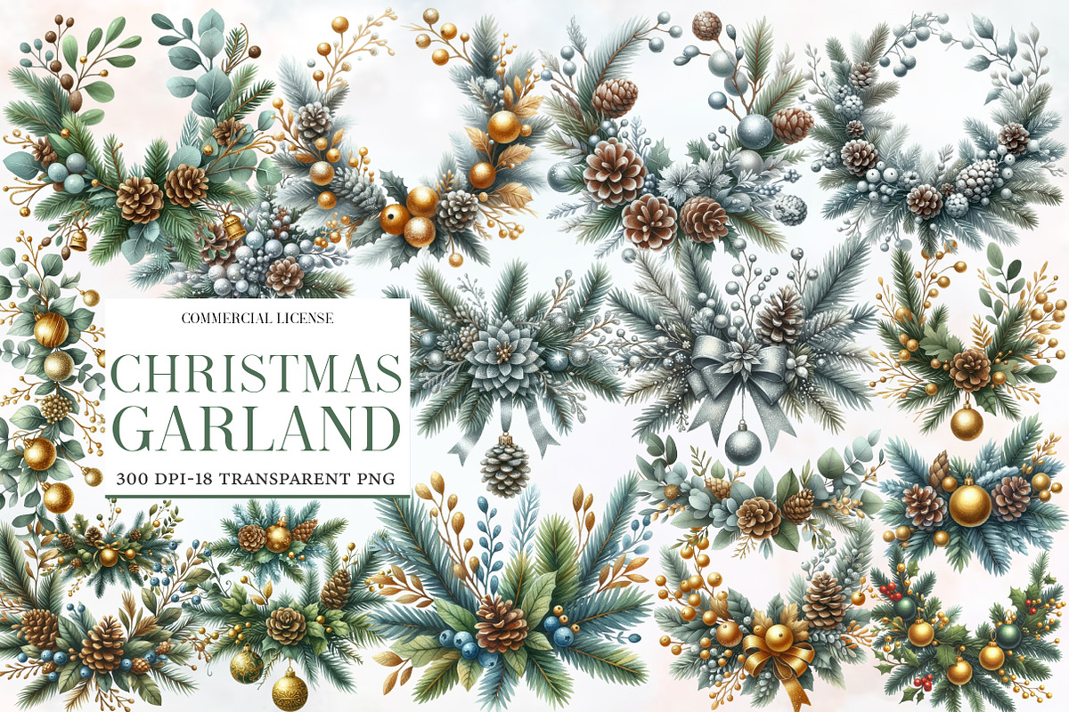 Christmas Garland Clipart Bundle, an Illustration by Designworld (Photo 1 of 5)