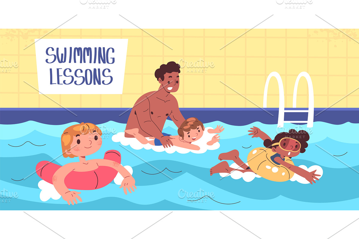 Swimming learn. Children swim in, a Sport Illustration by Stock-Smart-Start