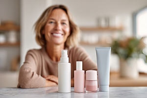 Smiling woman with skincare products on countertop, a Beauty & Fashion Photo by AlyaAnd