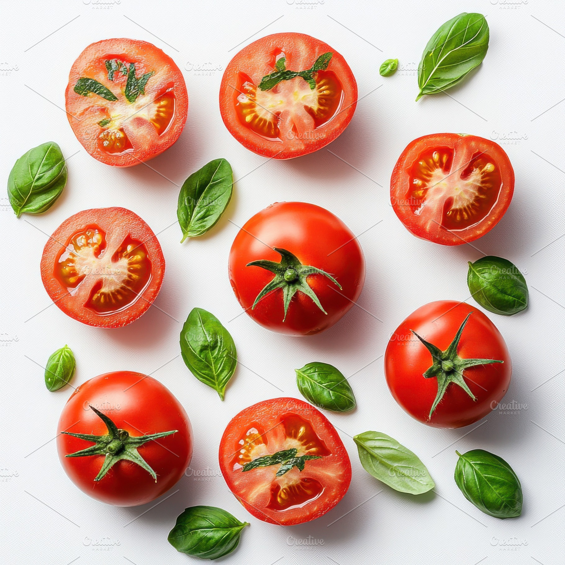 Tomatoes with green basil leaves, is, a Food & Drink Photo by Pixeness