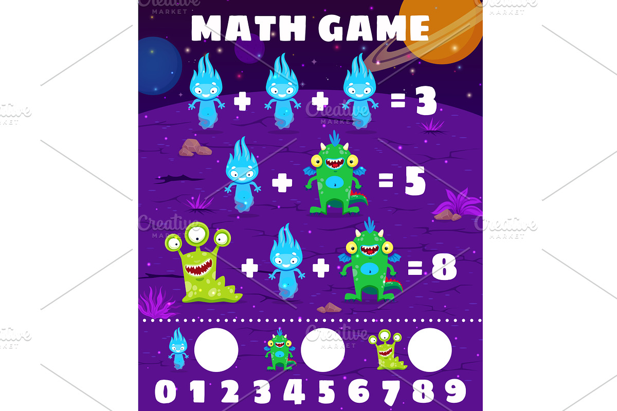 Math game worksheet with monsters, an Animal Illustration by Vector Tradition (Photo 1 of 3)