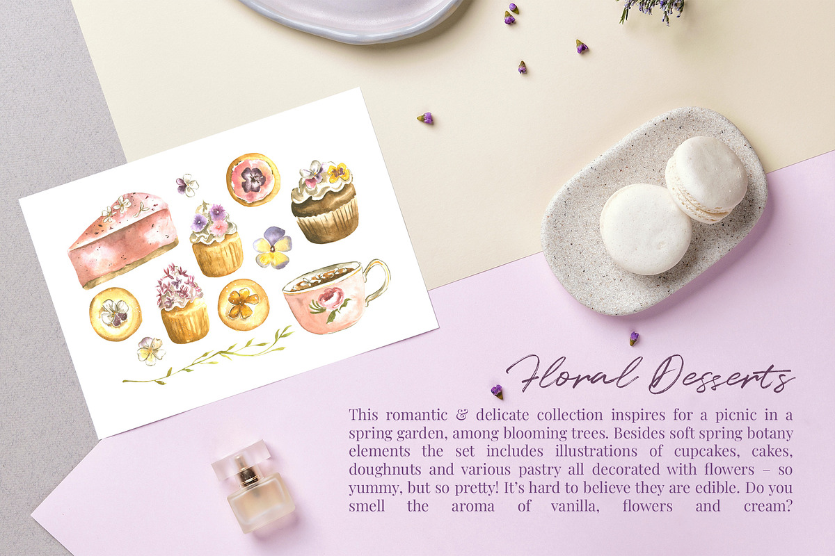 Flowers Desserts Watercolor Bundle, a Food Illustration by foxsong (Photo 2 of 12)