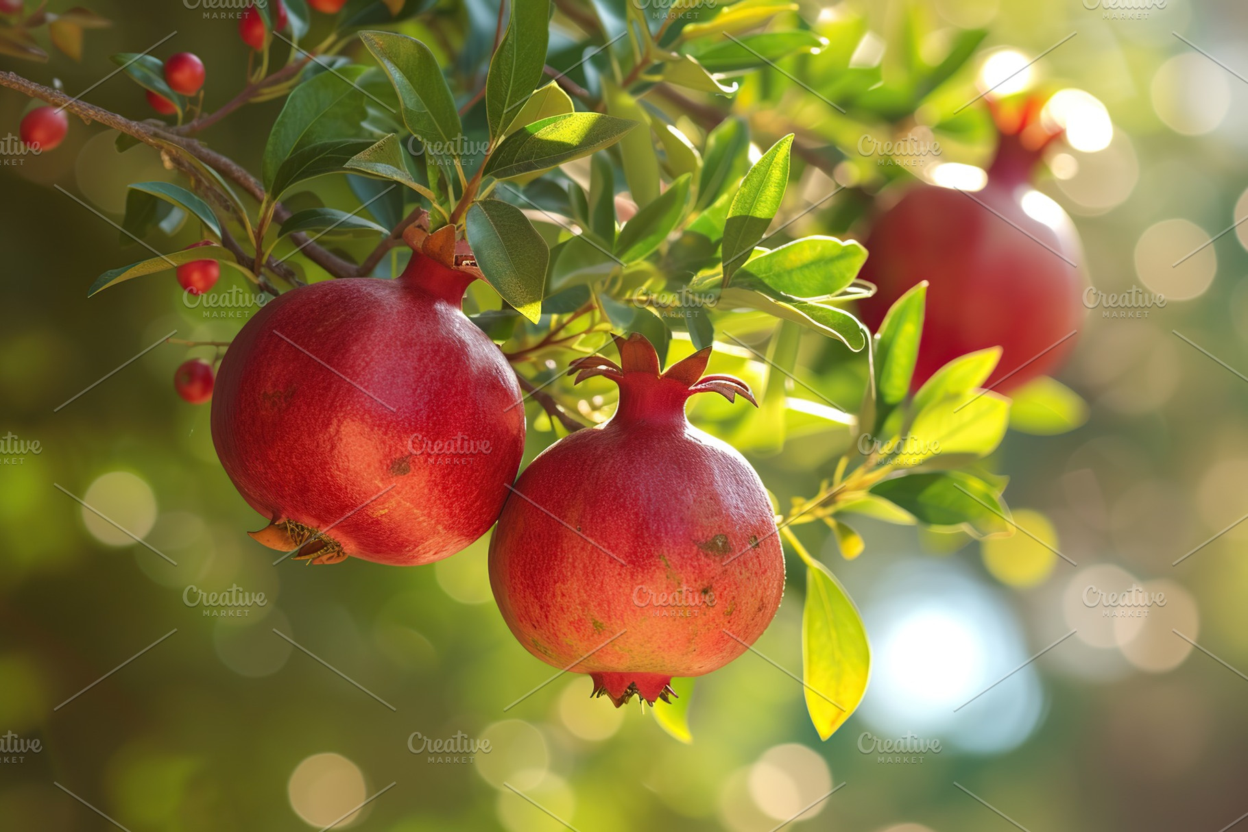 Ripe pomegranate fruit on tree branch in the garden, a Food & Drink Photo by AlyaAnd