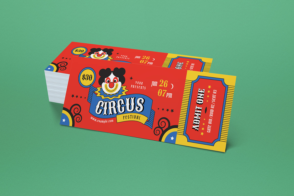 Flat Design Circus Festival Ticket, a Card Template by graphicook (Photo 3 of 3)