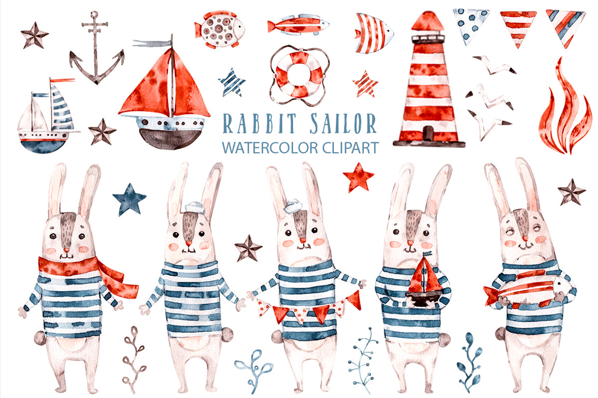 Sea rabbits naive watercolor clipart, an Animal Illustration by UlitkaStudio (Photo 1 of 9)