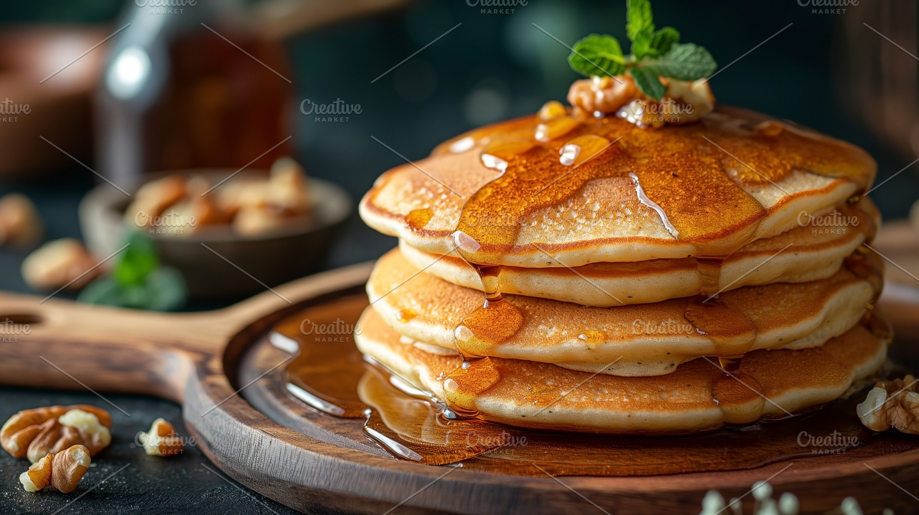 Delicious stack of fluffy pancakes drizzled with syrup, garnishe, a Food & Drink Photo by ImageMir