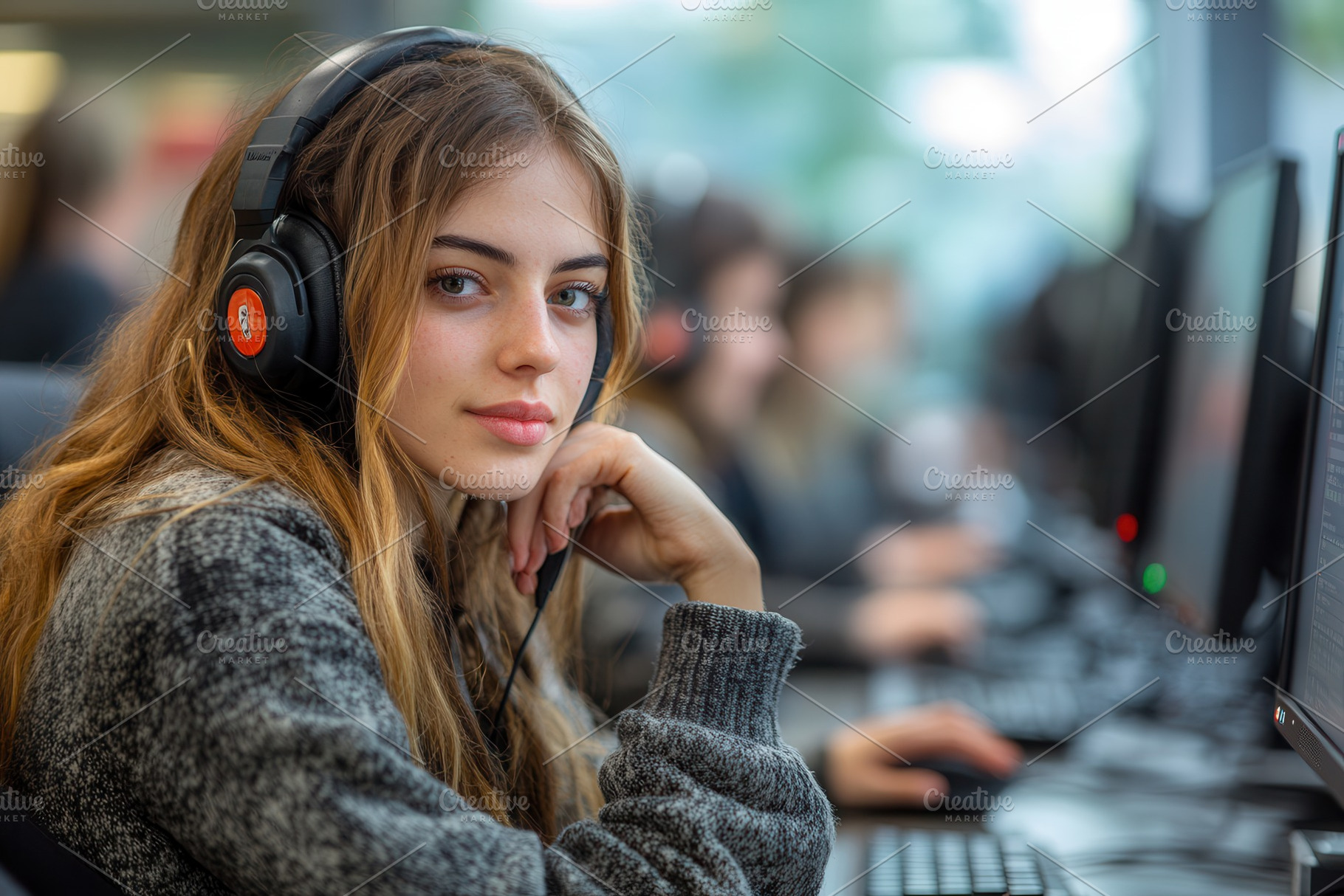 Young woman wearing headphones engag, a Photo by Tanuart