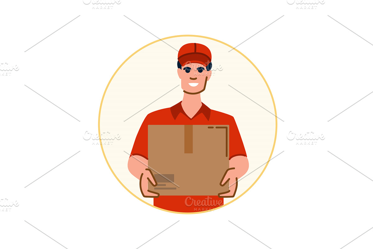 Smiling delivery man holding parcel, a Transportation Illustration by pikepicture