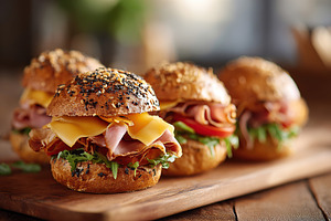 Savory sandwiches featuring aged cheddar cheese and fresh ingredients on a wood, a Food & Drink Photo by AlyaAnd