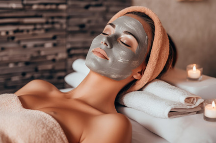 Woman in mask on face in spa beauty salon. aerial view photo. Ge, a Beauty & Fashion Photo by designvectx