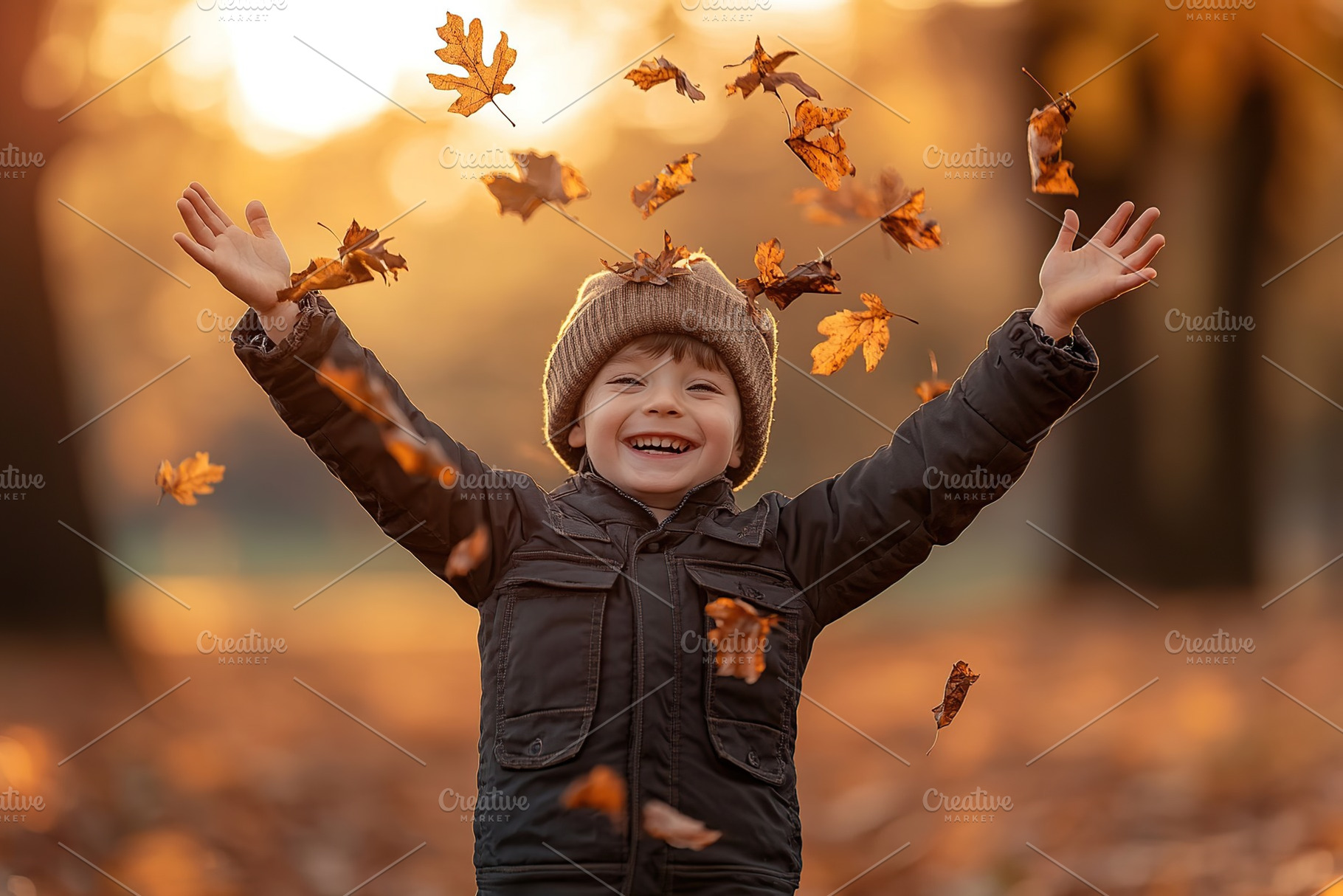 Happy child boy throw up the autumn leaves in the park, a Photo by AlyaAnd