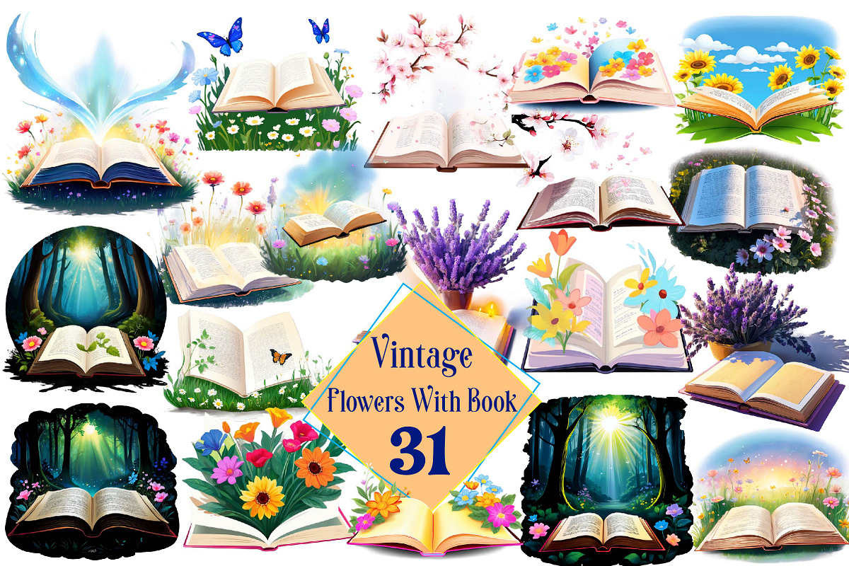 Vintage Flowers With Book Clipart, an Illustration by Wow Magic (Photo 3 of 5)