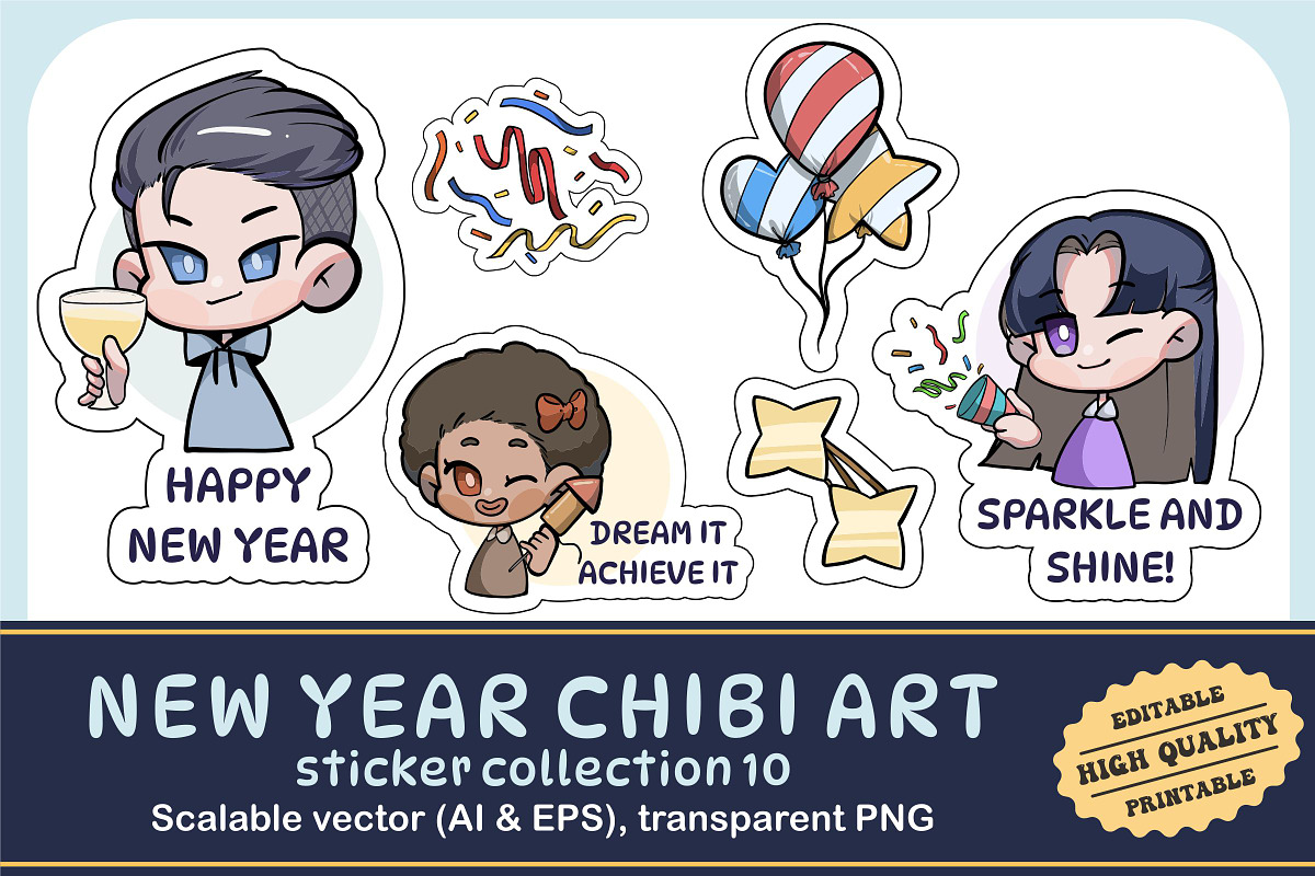 New Year Chibi Art Sticker Set 10, an Illustration by vectstudio (Photo 1 of 3)