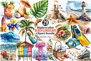 Watercolor Beach Landscape Clipart, an Illustration by Canvas Craft (Thumbnail 1 of 7)