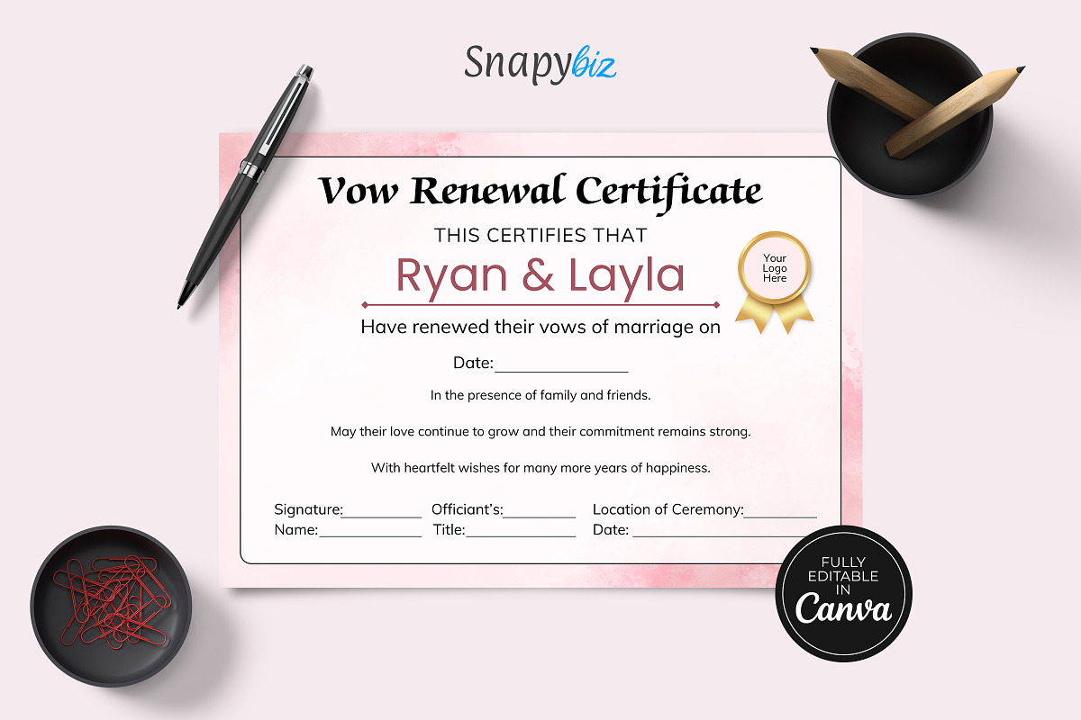 Vow Renewal Certificate Template, a Card Template by Snapybiz (Photo 4 of 10)