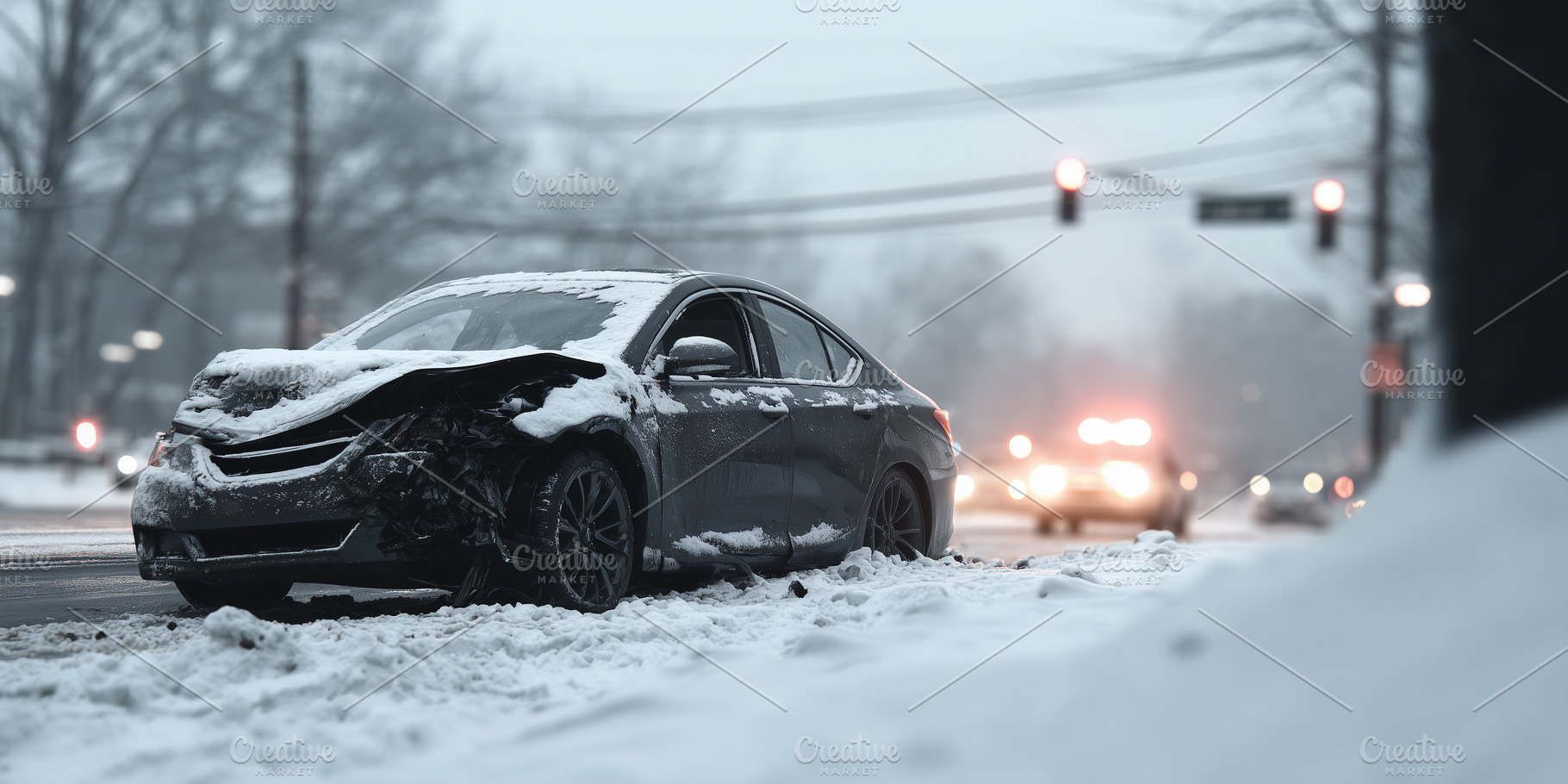 Damaged car sits abandoned in snow, a Transportation Photo by MistyDay