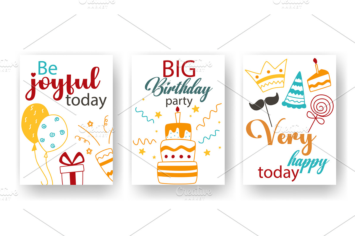 Birthday party card set vector, an Object Illustration by Tati_Kli