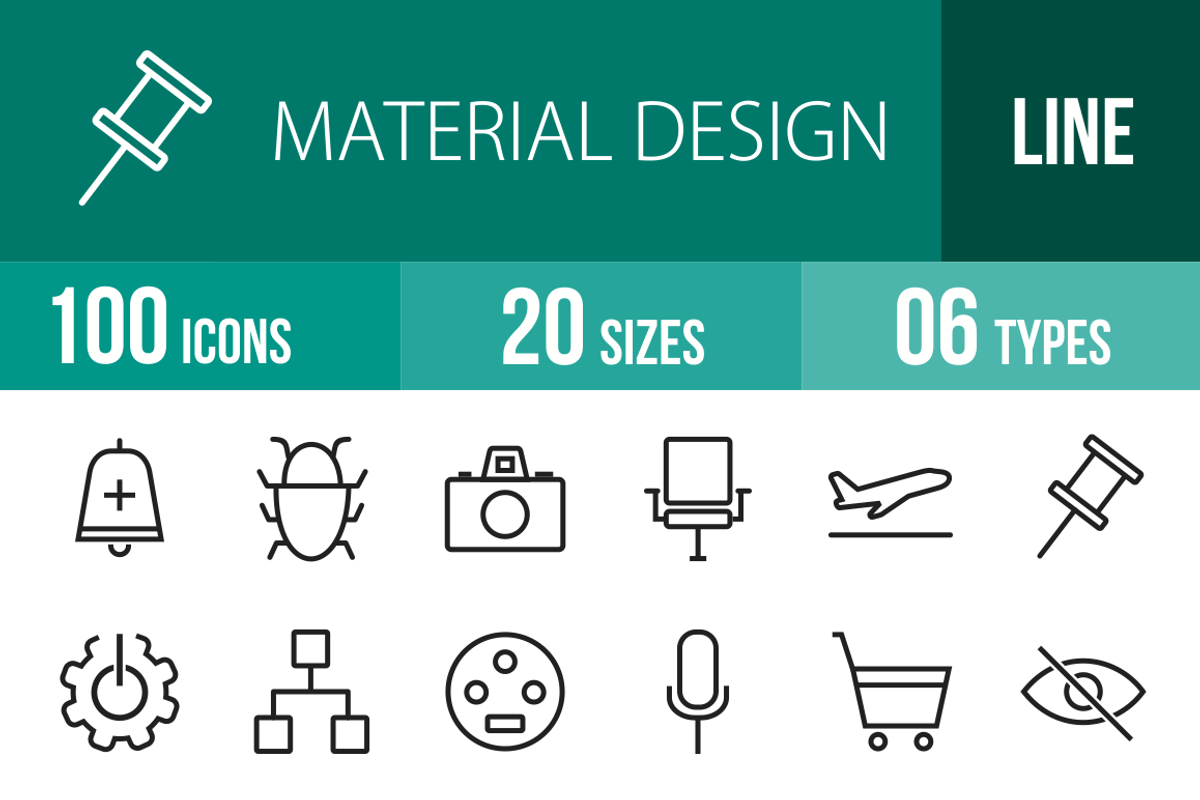 100 Material Design Line Icons, an Outline Icon by IconBunny