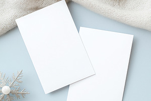 White blank invitation cards mockups with winter snowflakes and warm knitted sw, a Holiday Photo by Studio ANNA