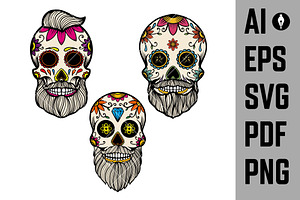 Set Of Bearded Sugar Skulls