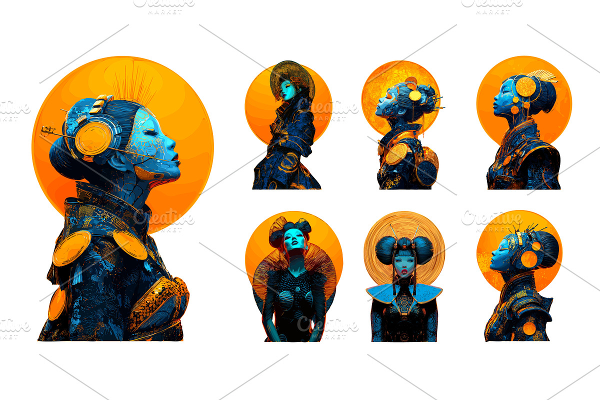 Geisha character behind sun cartoon, an Object Illustration by Onyx