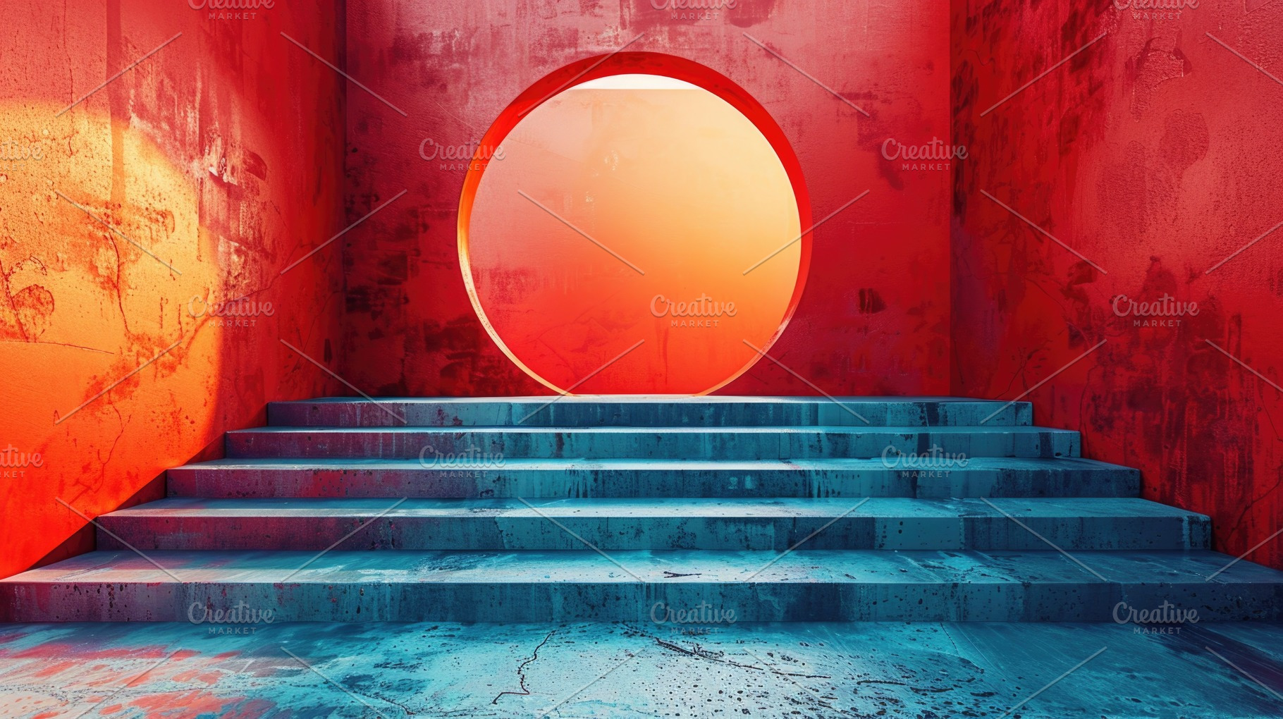 Futuristic Red and Blue Staircase with Glowing Circular Portal, an Abstract Photo by José Manuel Gelpi