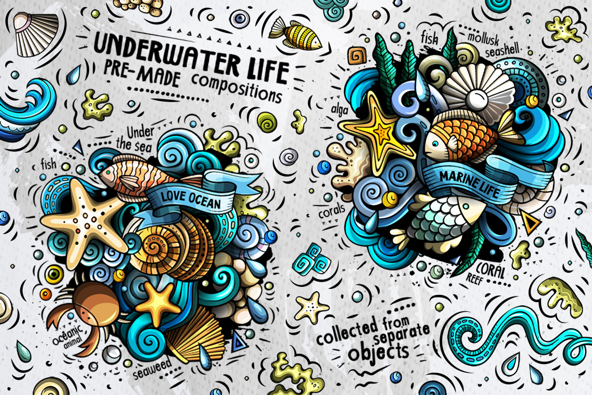 Sea Life Cartoon Doodle Big Pack, a Decorative Illustration by BALABOLKA (Photo 4 of 10)