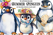 Watercolor Summer Penguin Clipart, a Seasonal Illustration by Designking (Thumbnail 1 of 5)