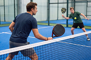 Men playing dynamic padel match on blue court with glass walls i, a Sports & Recreation Photo by Volff
