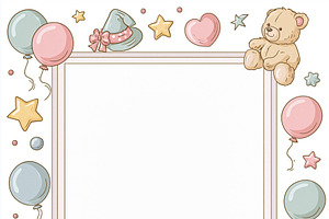 Children birthday party celebration framing with teddy bears, balloons, and dec, an Illustration by Studio ANNA