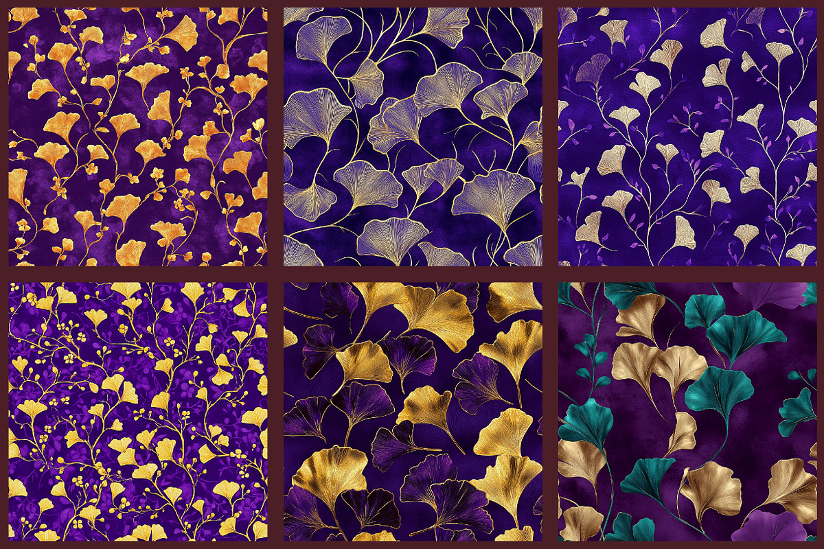 Purple and Gold Ginkgo Digital Paper, a Pattern Graphic by designcity5 (Photo 2 of 5)