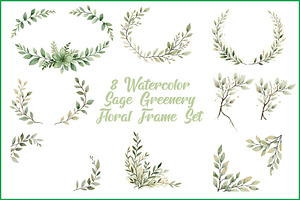 Sage Greenery Watercolor Frame Set, an Illustration by hafijul