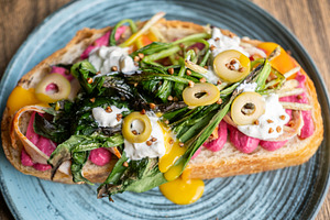 Breakfast served delicious bruschetta healthy food, a Food & Drink Photo by Photo Drive Studio