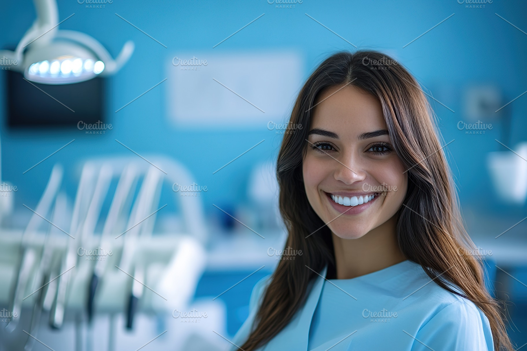 Female dentist smiling confidently in a modern dental office setting, a Health & Medical Photo by AlyaAnd