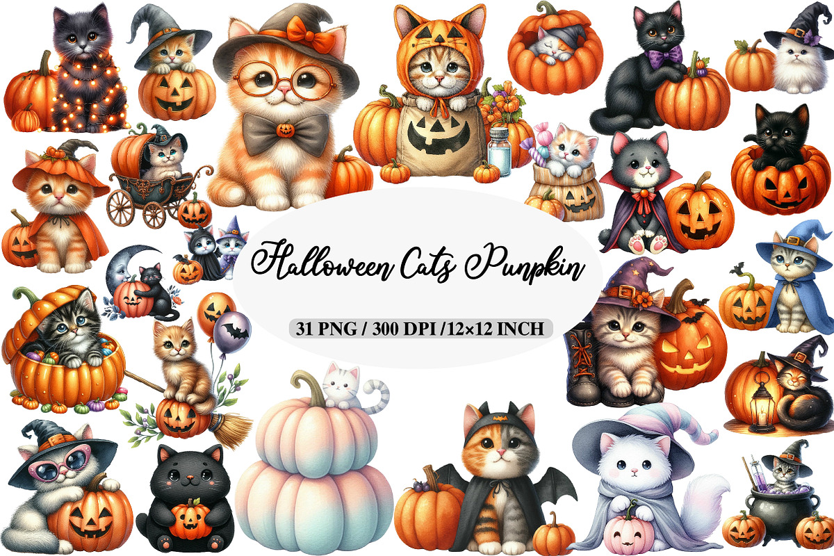 Cute Halloween Cats Punpkin Clipart, an Illustration by Daily.Designs (Photo 1 of 5)
