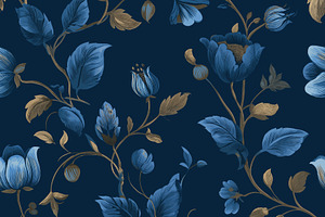 Seamless pattern with vintage floral motifs featuring blue flowe, a Pattern Graphic by Studio ANNA