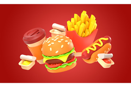 3d render fast food burger, french, a Food & Drink 3D Model by art PVP - market