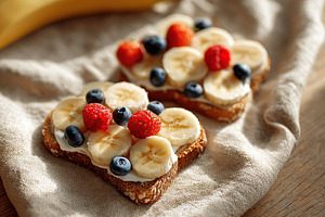 Delicious breakfast toast topped with fresh fruit arranged on a soft cloth in w, a Food & Drink Photo by AlyaAnd