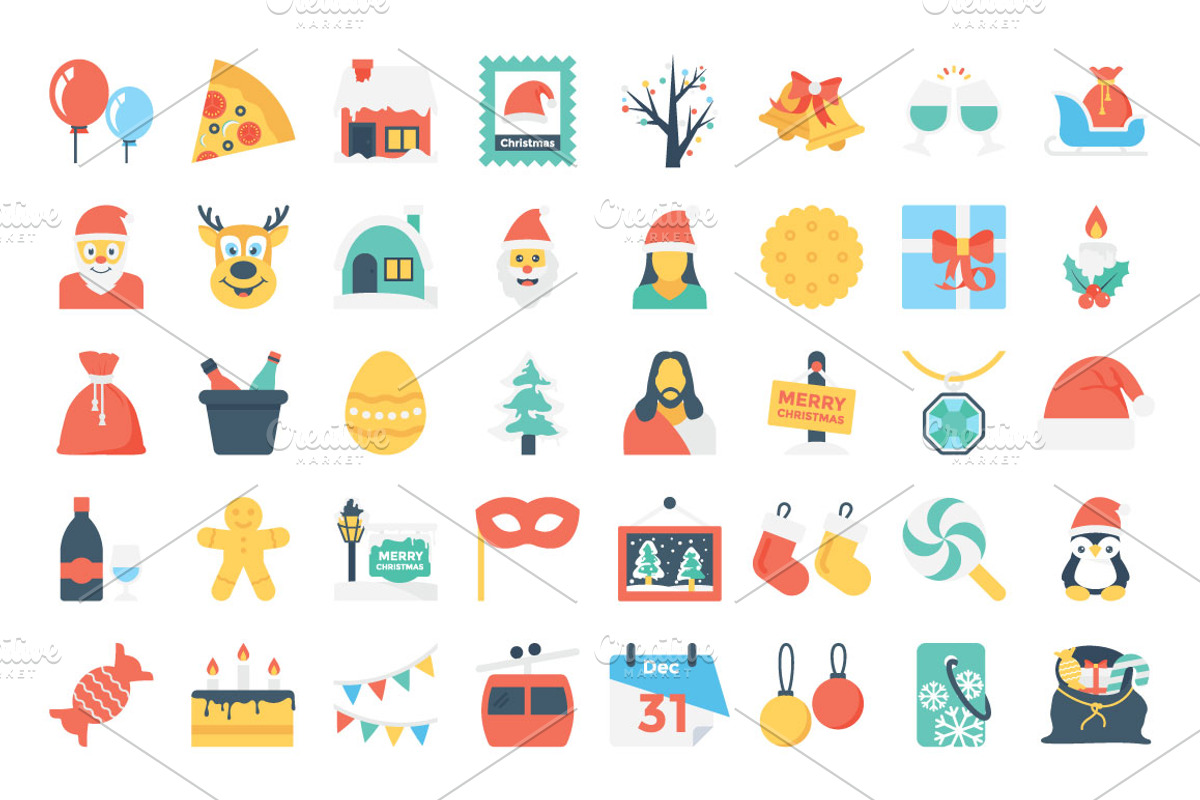 100 Flat Christmas Icons, an Icon by Vectors Market