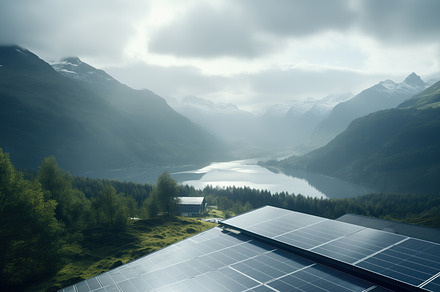 Solar panels installed in a beautiful remote area with mountains, a Technology Photo by Studio Light & Shade