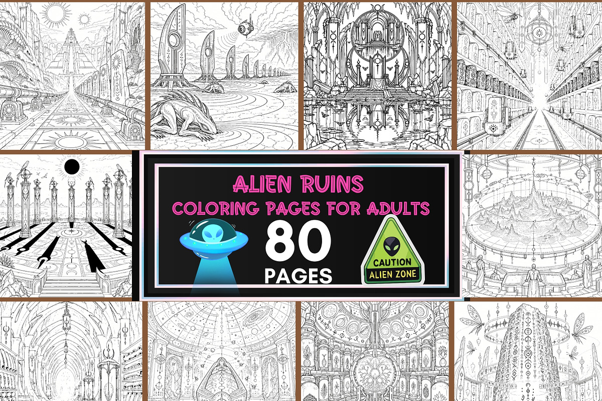 80 Alien Ruins Coloring Pages Bundle, a Brochure Template by LA Design (Photo 1 of 10)