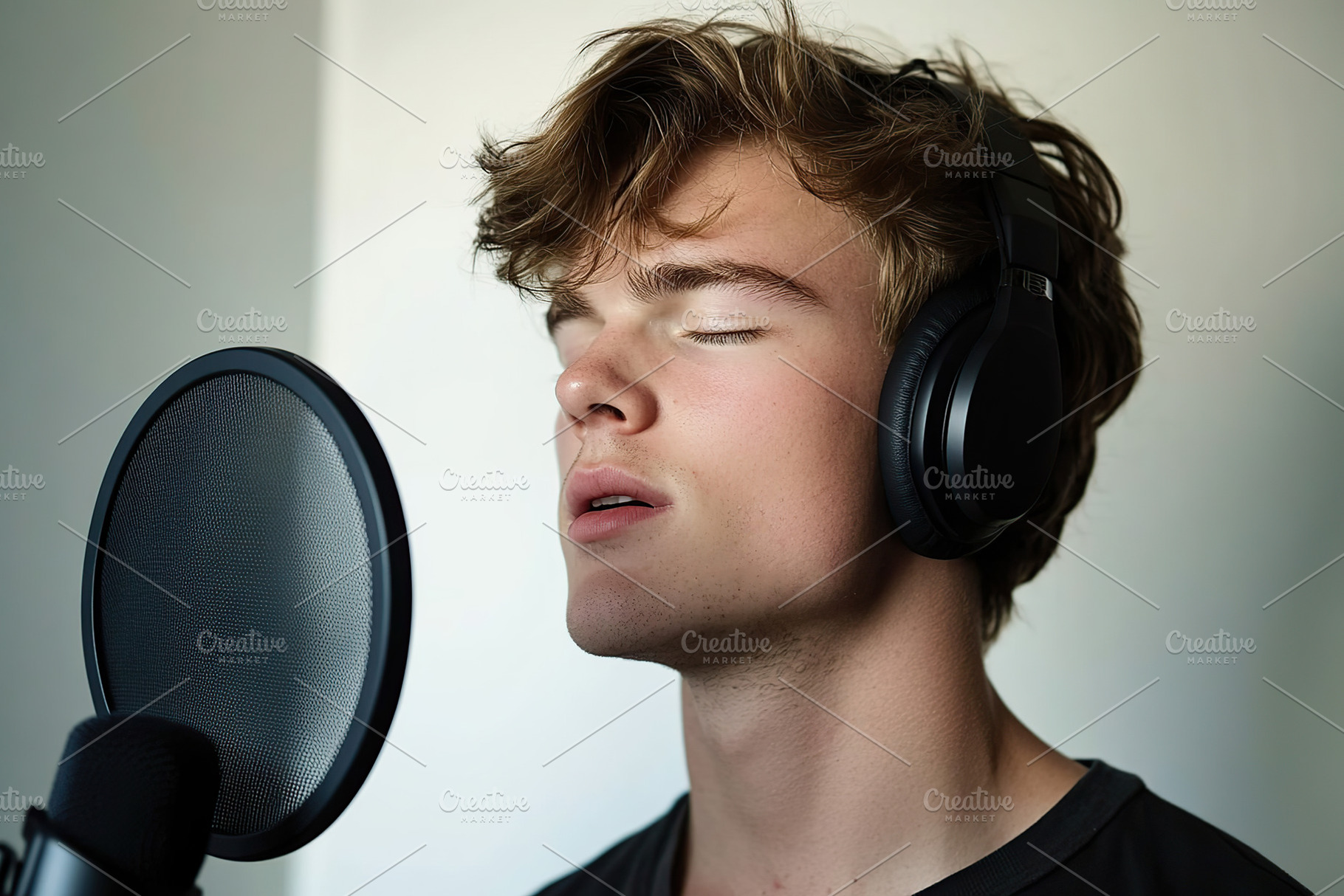Young man singing in microphone and recording voice and new song, a Person Photo by AlyaAnd