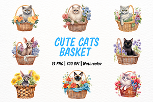 Cute Cats in Flower Basket Clipart, an Animal Illustration by New-School-Wave