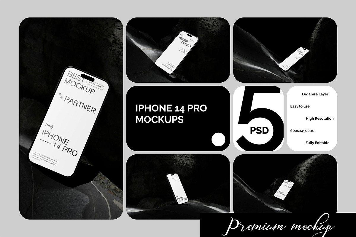 Black iPhone 14 Pro Mockups, an iPhone Mockup by PremiumMockup (Photo 1 of 6)