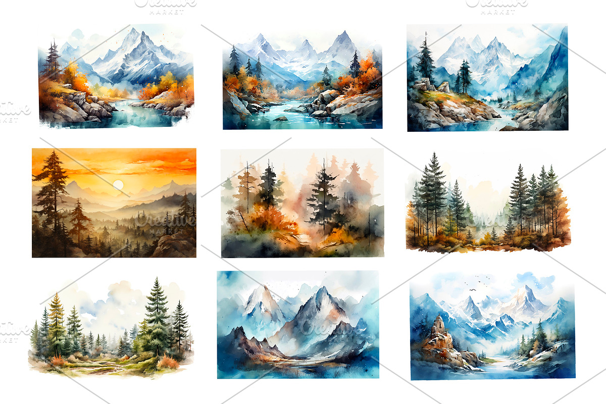 Trees and mountains,watercolor, an Object Illustration by AkvarelRiver (Photo 2 of 6)