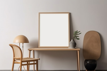 Blank print frame mockup with plants and decor on light backgrou, a Photo by Dvoevnore photos