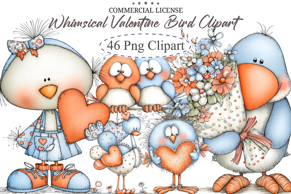 Whimsical Valentine Bird Clipart, an Illustration by designcity5 (Photo 1 of 5)