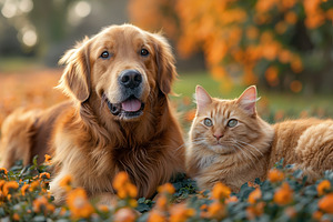 A golden retriever dog and an orange tabby cat sitting together among vibrant o, an Animal Photo by ImageMir