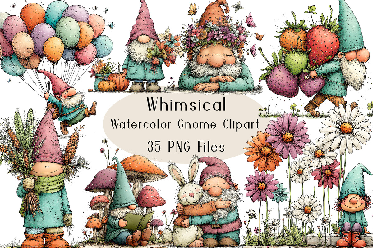 Watercolor Whimsical Gnome Clipart, a Seasonal Illustration by Creative Art (Photo 1 of 7)
