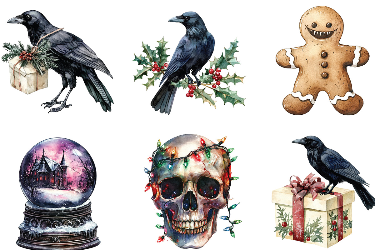 Watercolor Gothic Christmas Clipart, an Illustration by CraftArtStudio (Photo 2 of 6)